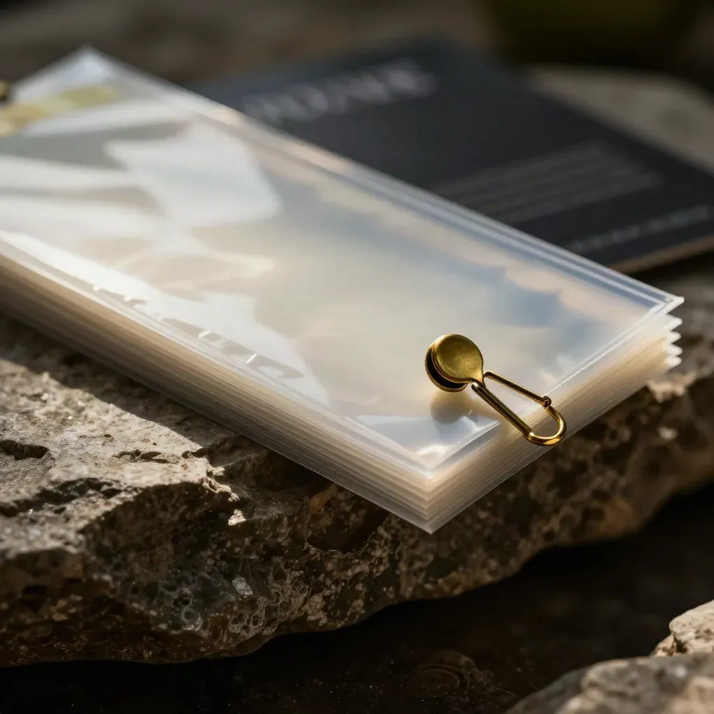 Lime-edged translucent review pack with brass clip on stone, lit dramatically