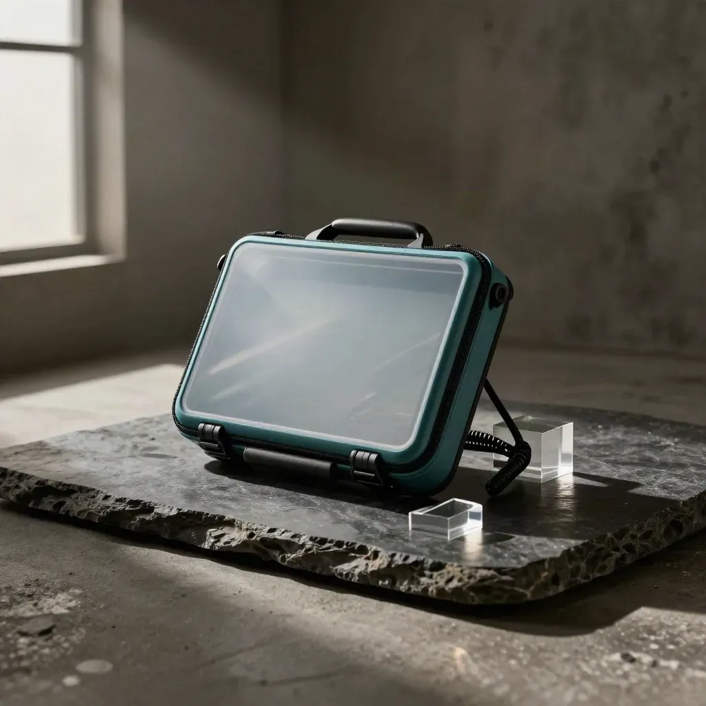 Teal launch pack case with inserts and cable on dark stone in soft misty light