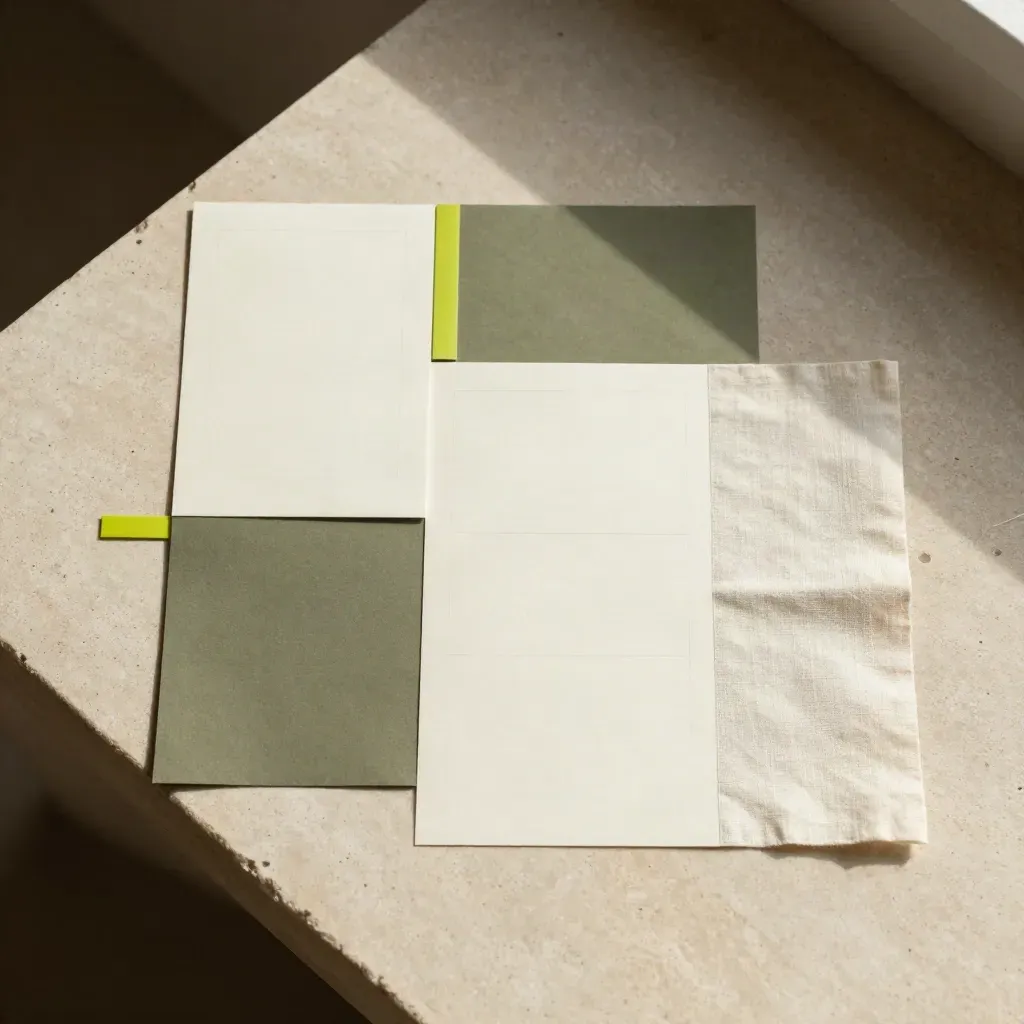 Cream audit paper set with linen swatch and lime tab on stone, overhead flatlay.