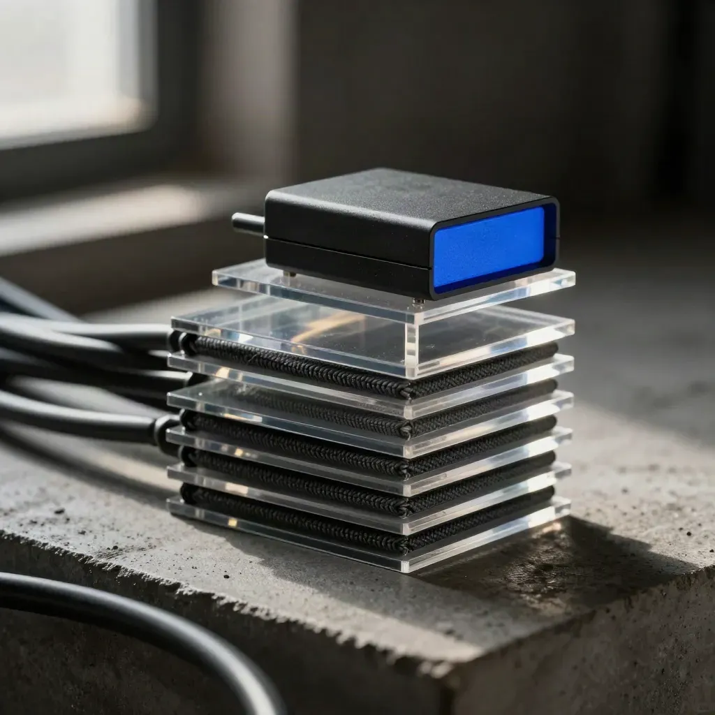 Macro graphite tracking kit stacked with cable loops, gateway box and acrylic tile on concrete.