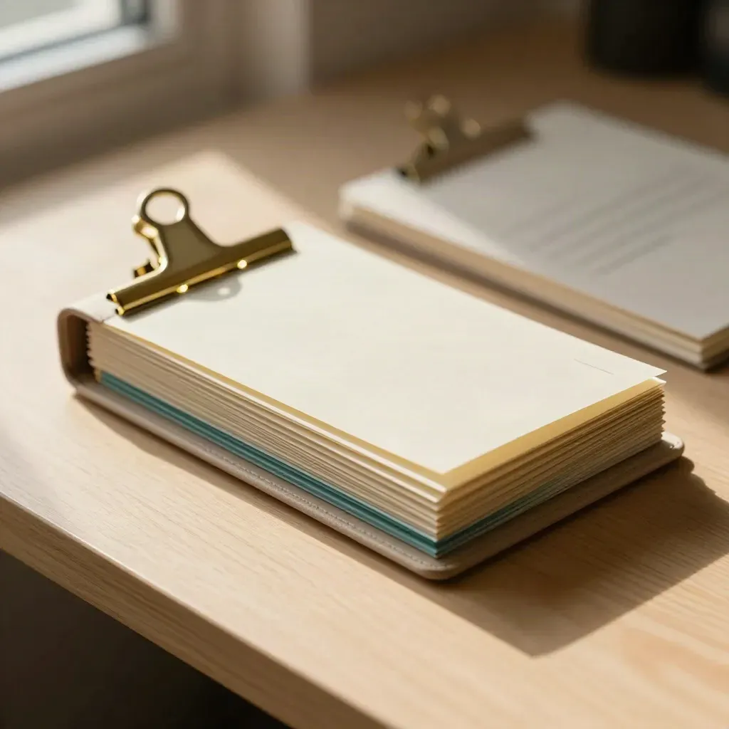 Sand keyword research pack with blank tabs and brass clips on pale wood, softly lit.