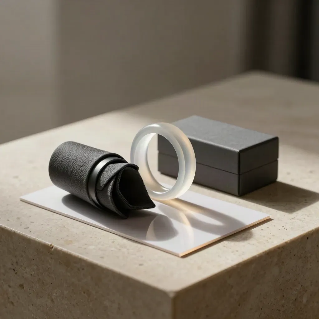 Charcoal retargeting bundle with translucent rings and compact box on warm stone.
