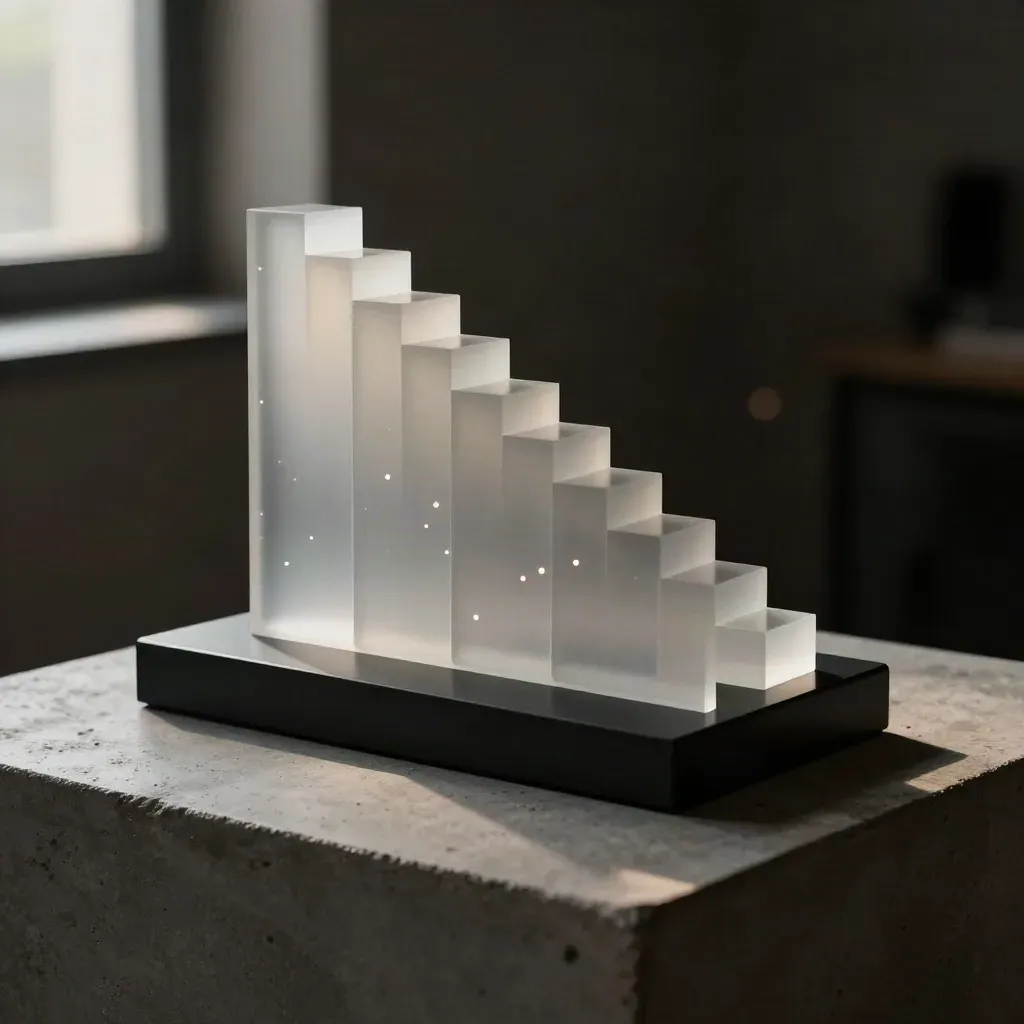 Macro of frosted acrylic bars rising diagonally on a black base with glowing dots in a dark studio.