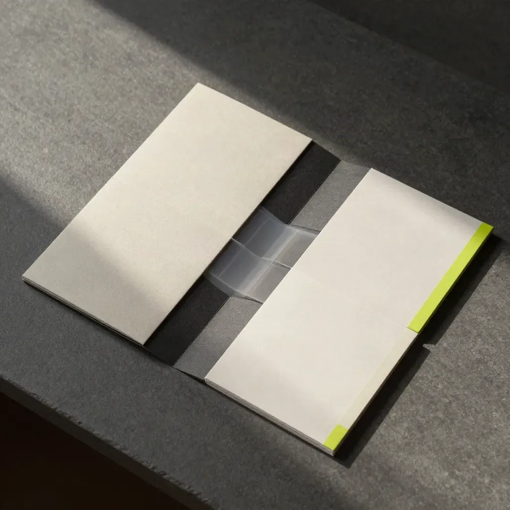 Overhead startup growth plan bundle with modular cards on a graphite stone slab.