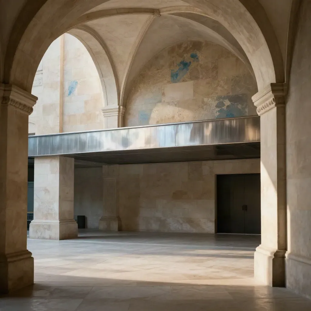 Sunlit limestone arcade with a brushed-metal ledge and calm pale stone floor for copy