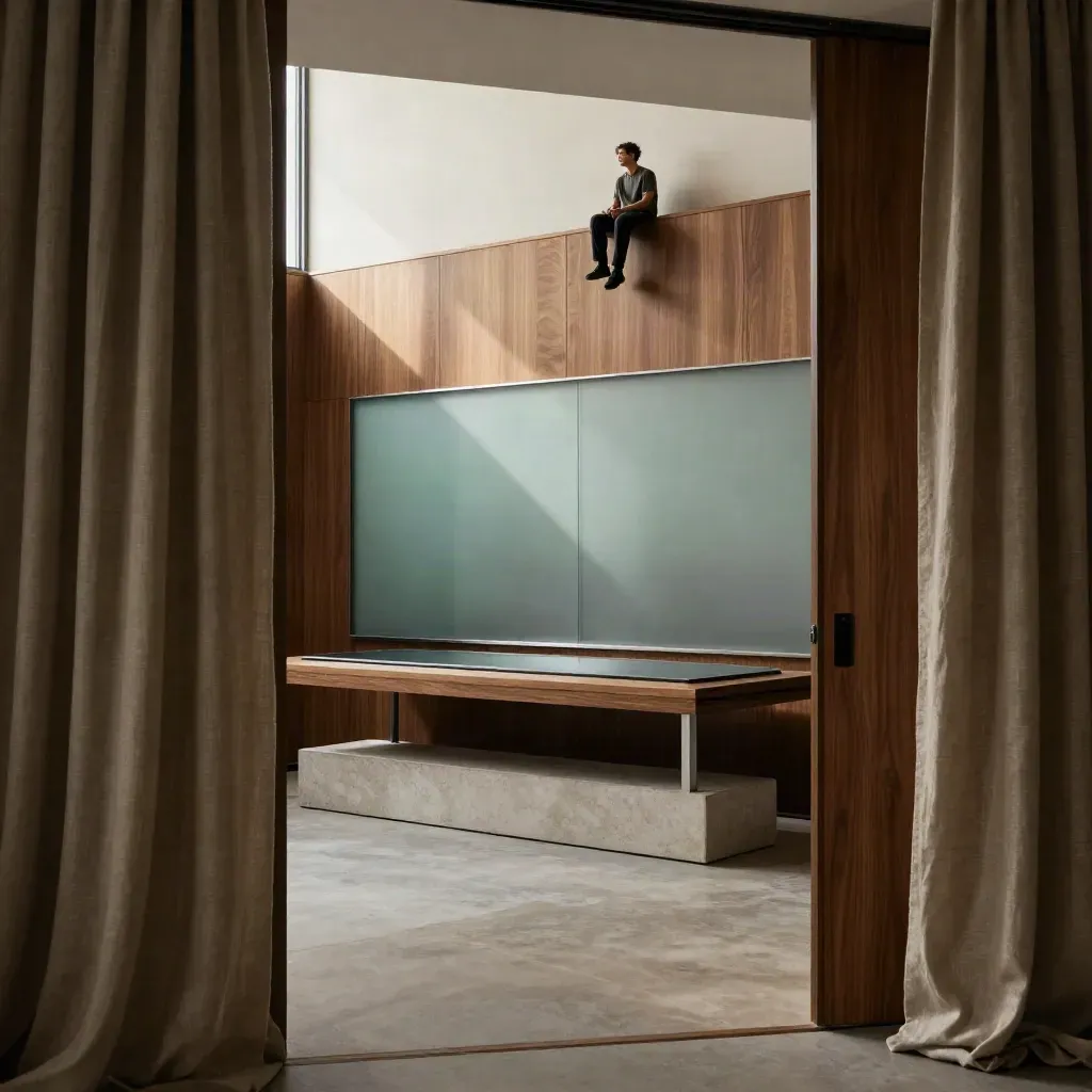 Walnut marketing room with linen drapes, frosted glass reflections, and soft late-afternoon light.