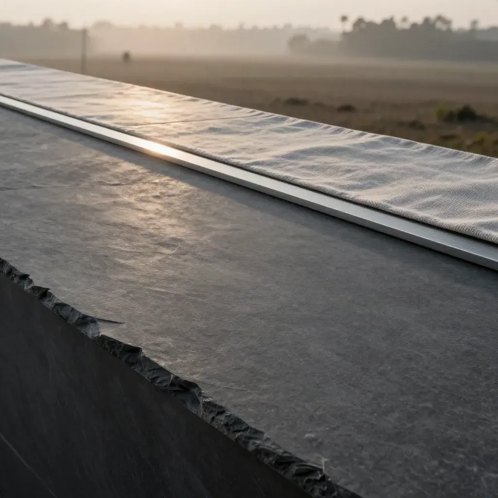Graphite stone backdrop with brushed-metal seam and linen ridge in soft dawn haze.