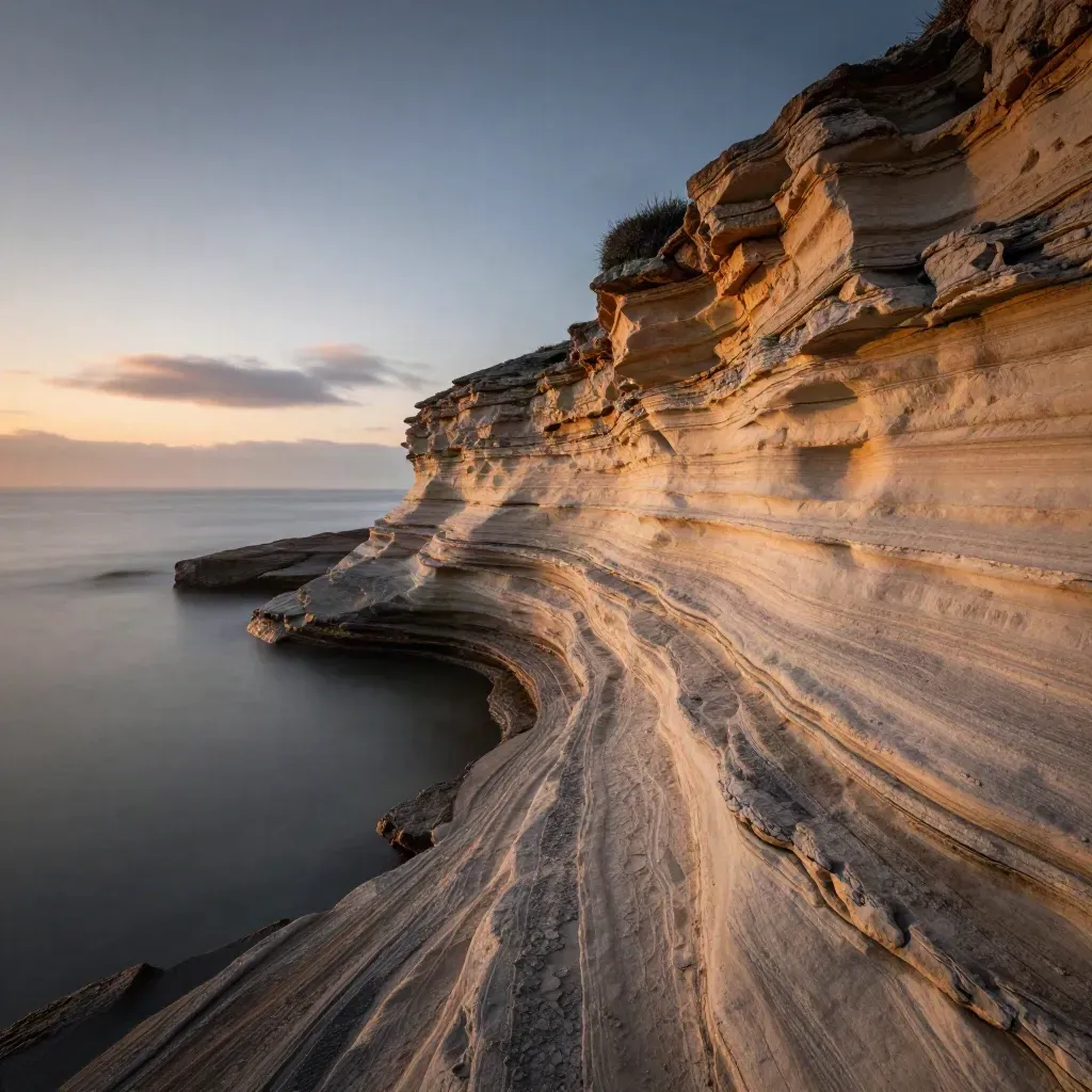 Sunlit sandstone shelf above a hazy coast at sunset, with calm open space for copy