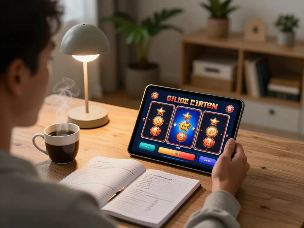 Player enjoying slot deposit 2rb game on tablet with strategic notes and warm ambiance.