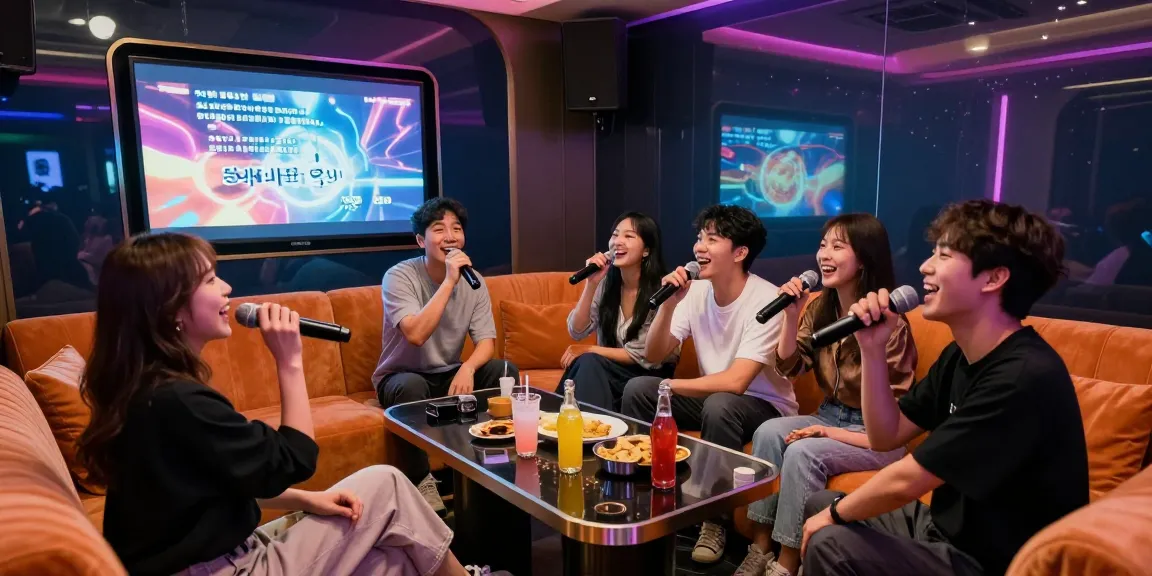강남가라오케에서 즐거운 시간을 보내는 친구들, 세련된 인테리어와 아늑한 조명