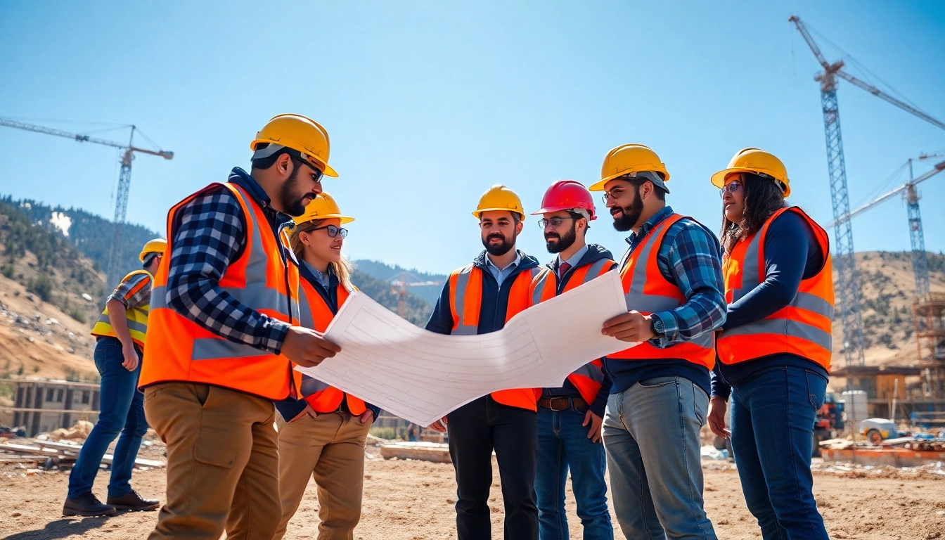 Workers on a Colorado construction site engaging in safety discussions while managing projects for colorado construction news.