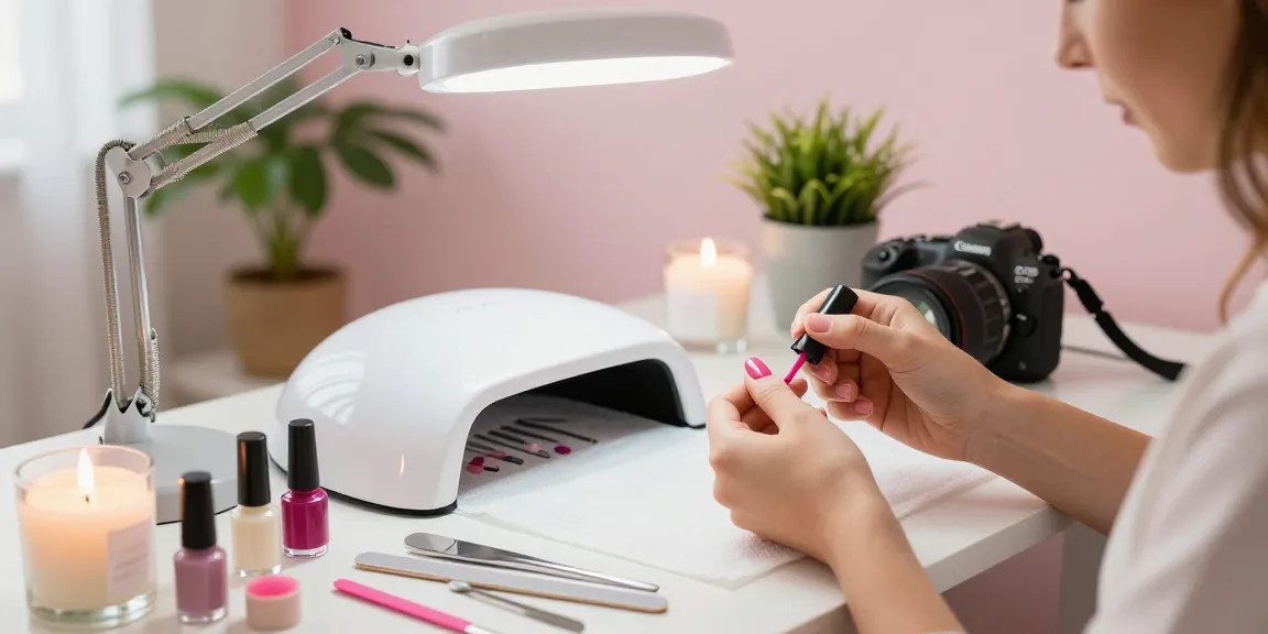 Aplicarea kit-ului unghii gel într-un studio de unghii acasă luminos, cu lacuri de unghii vibrante și unelte.