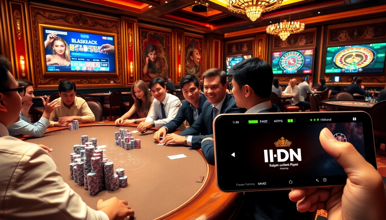 Experience vibrant IDN poker gameplay at a luxurious casino table with eager players.