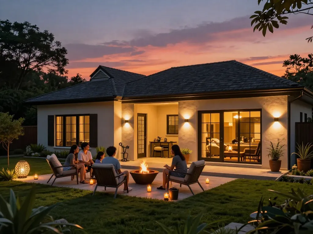 Modern home beautifully lit by dusk to dawn outdoor lights, creating a warm and inviting evening atmosphere.
