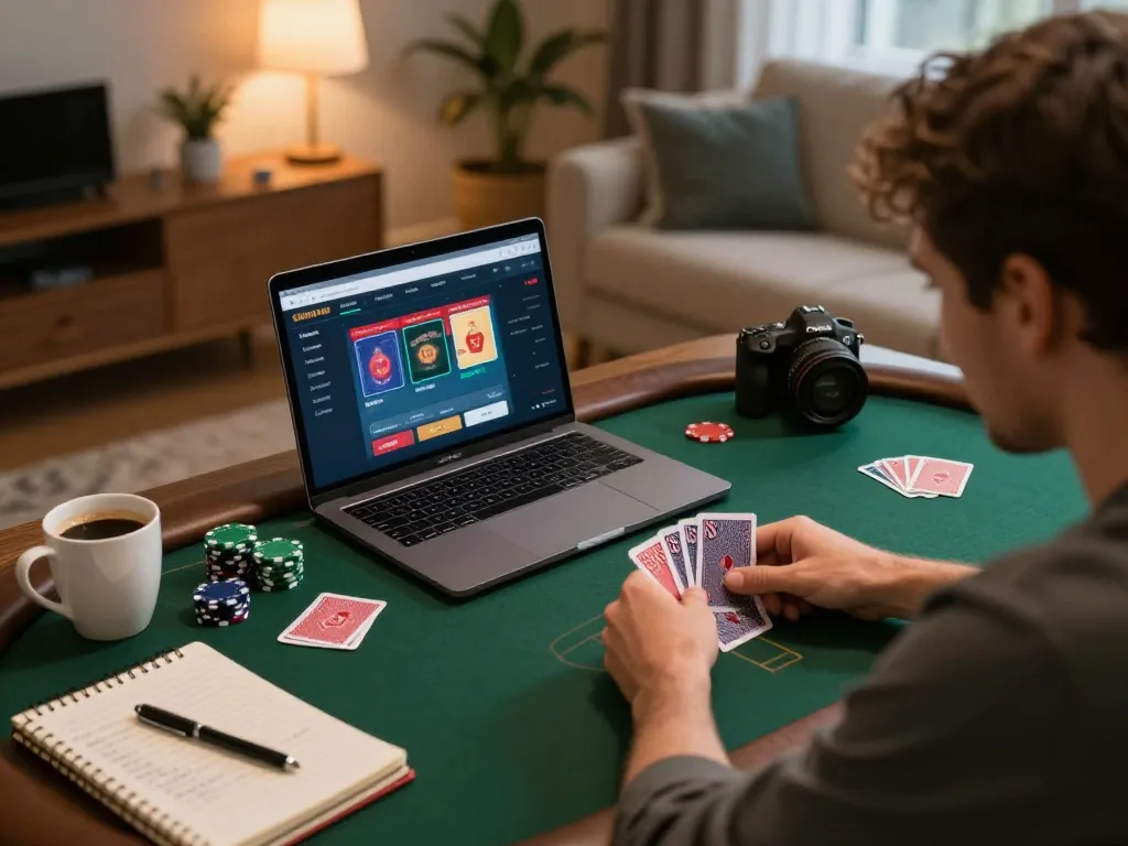 Engaged player using 88bet casino app for online poker strategy at home.