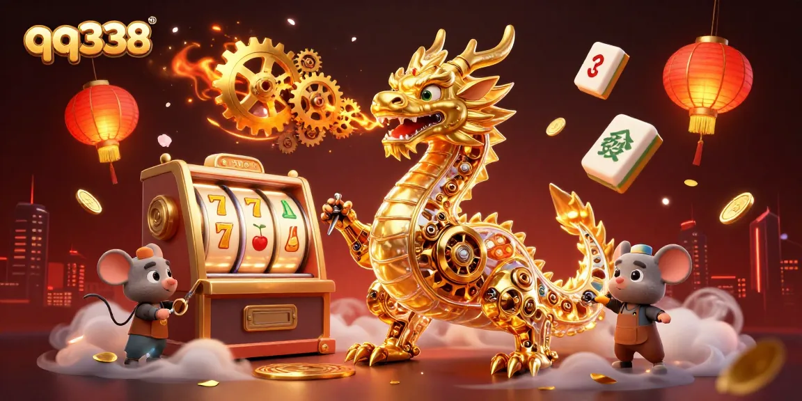 Play with qq338's exciting slot reels amid a captivating dragon scene.
