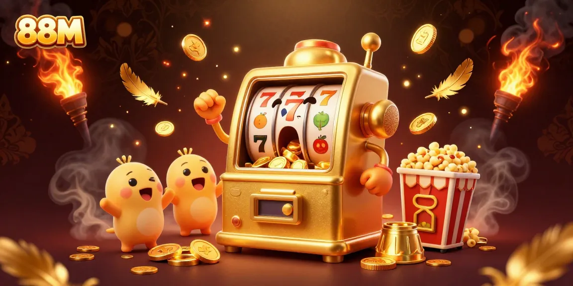 Celebrate jackpots at 88M with golden slot machines pouring coins and festive elements.