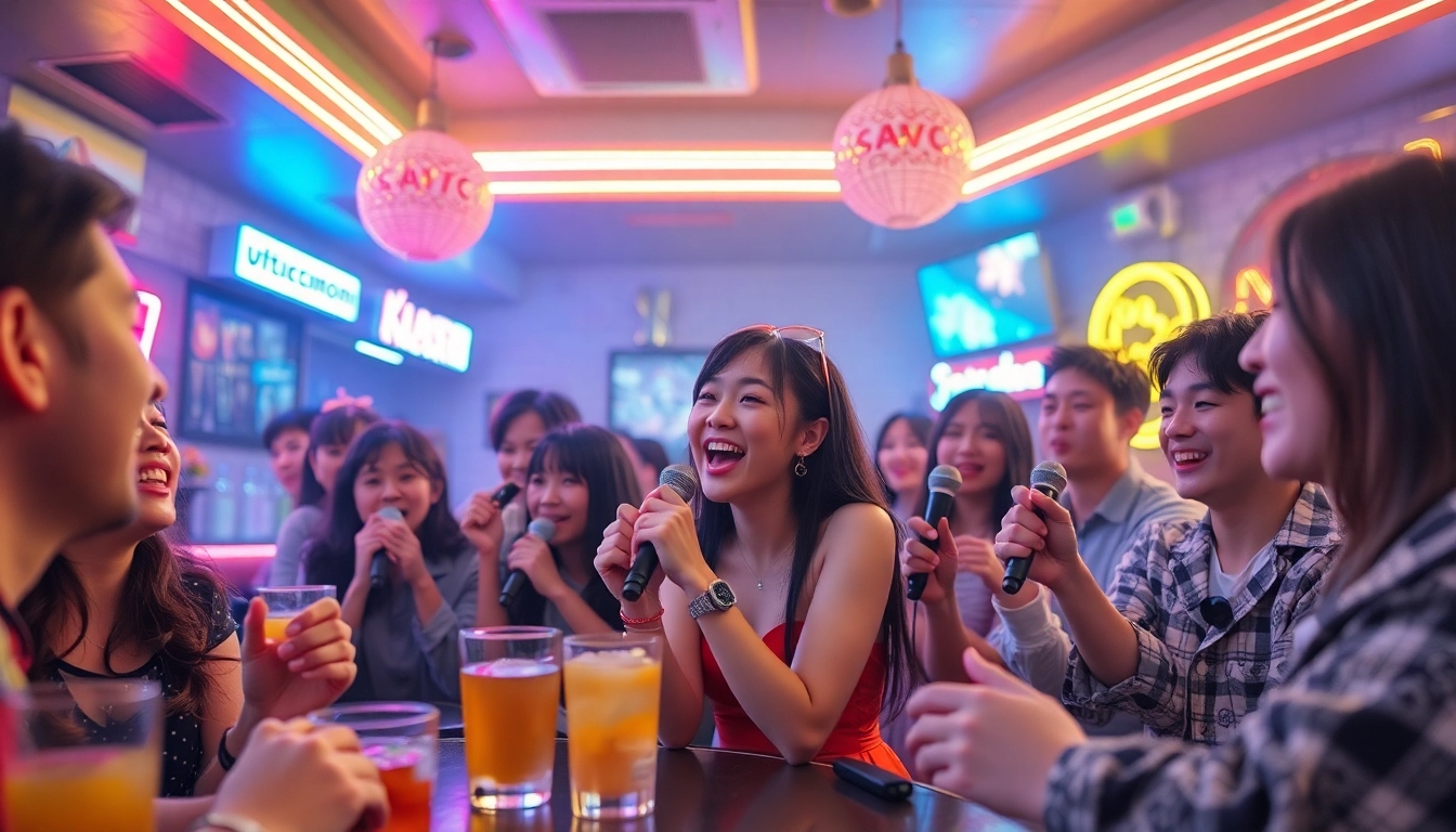 친구들과 함께 노래하며 음료를 즐기는 활기찬 노래방에서 제주도유흥 문화를 보여주는 생동감 넘치는 밤문화 장면.
