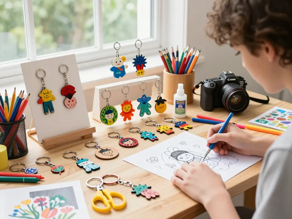 Creative workspace with vibrant custom key chains designs, showcasing the artistic process of key chain creation.