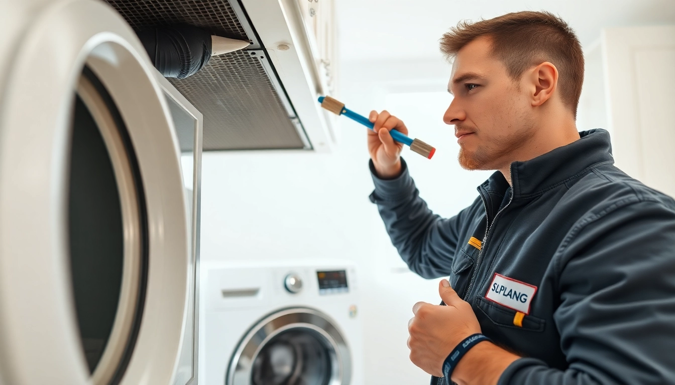 Expert technician performing dryer vent repair inspection for safety and efficiency