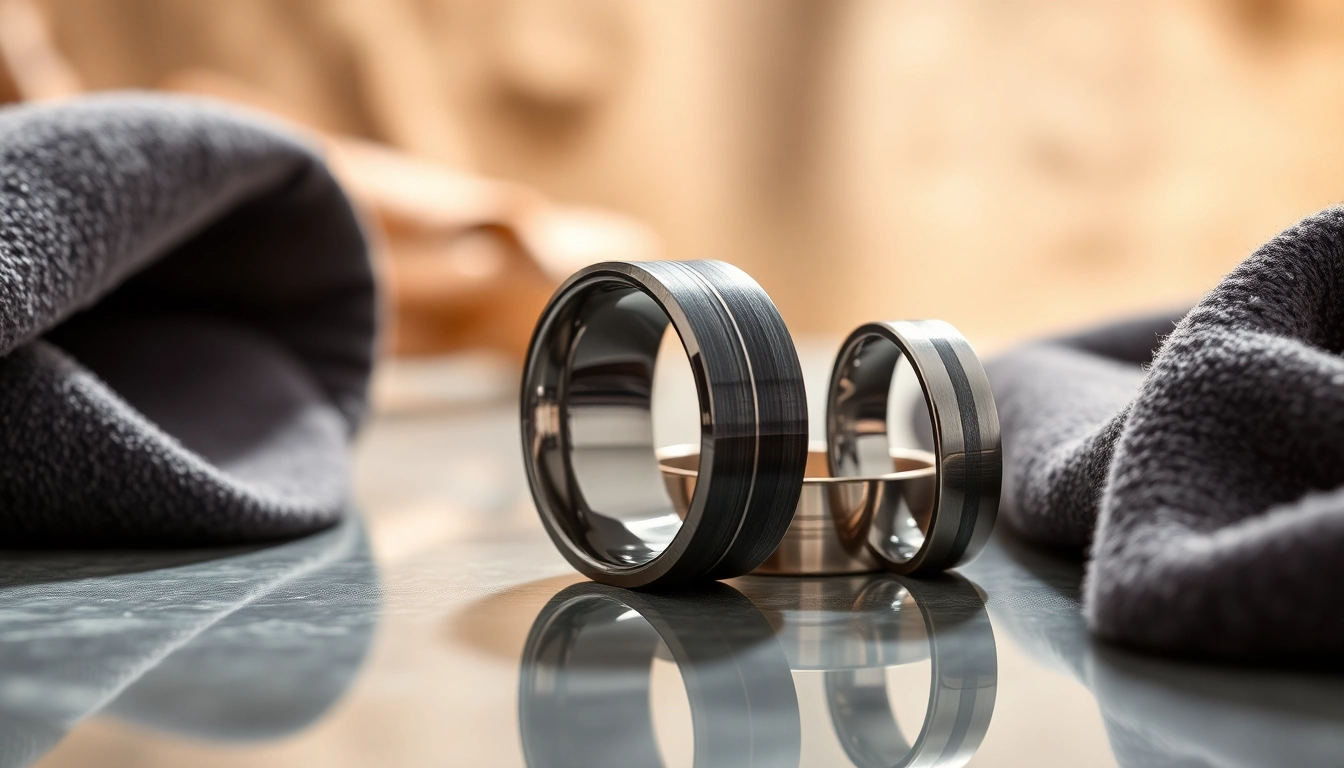 Showcasing elegant Tungsten rings on a reflective surface with soft lighting and stylish textures.