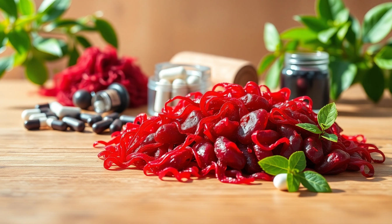 Enhance wellness with astaxanthin Canada via beautiful red algae and supplements on a wooden table.