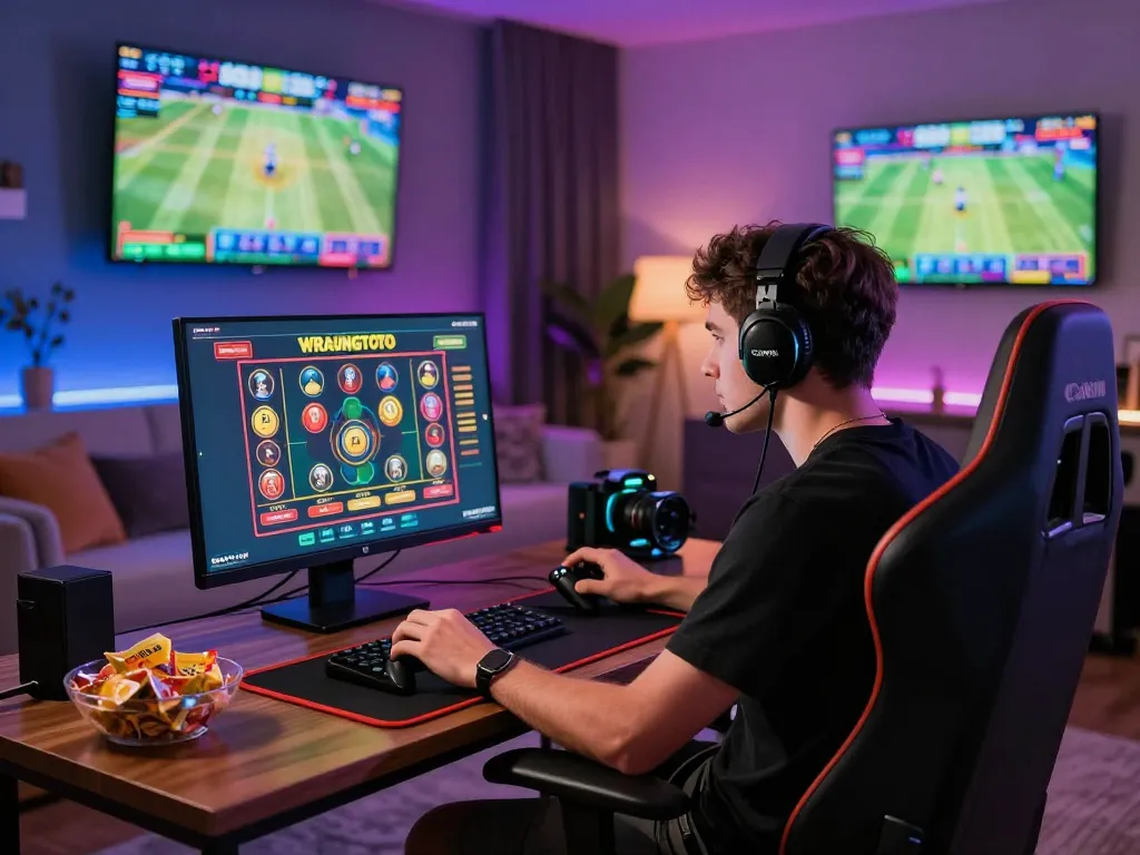 Immersive wraungtoto online gambling scene with player focused on betting platform, vibrant LED lighting, and gaming accessories.