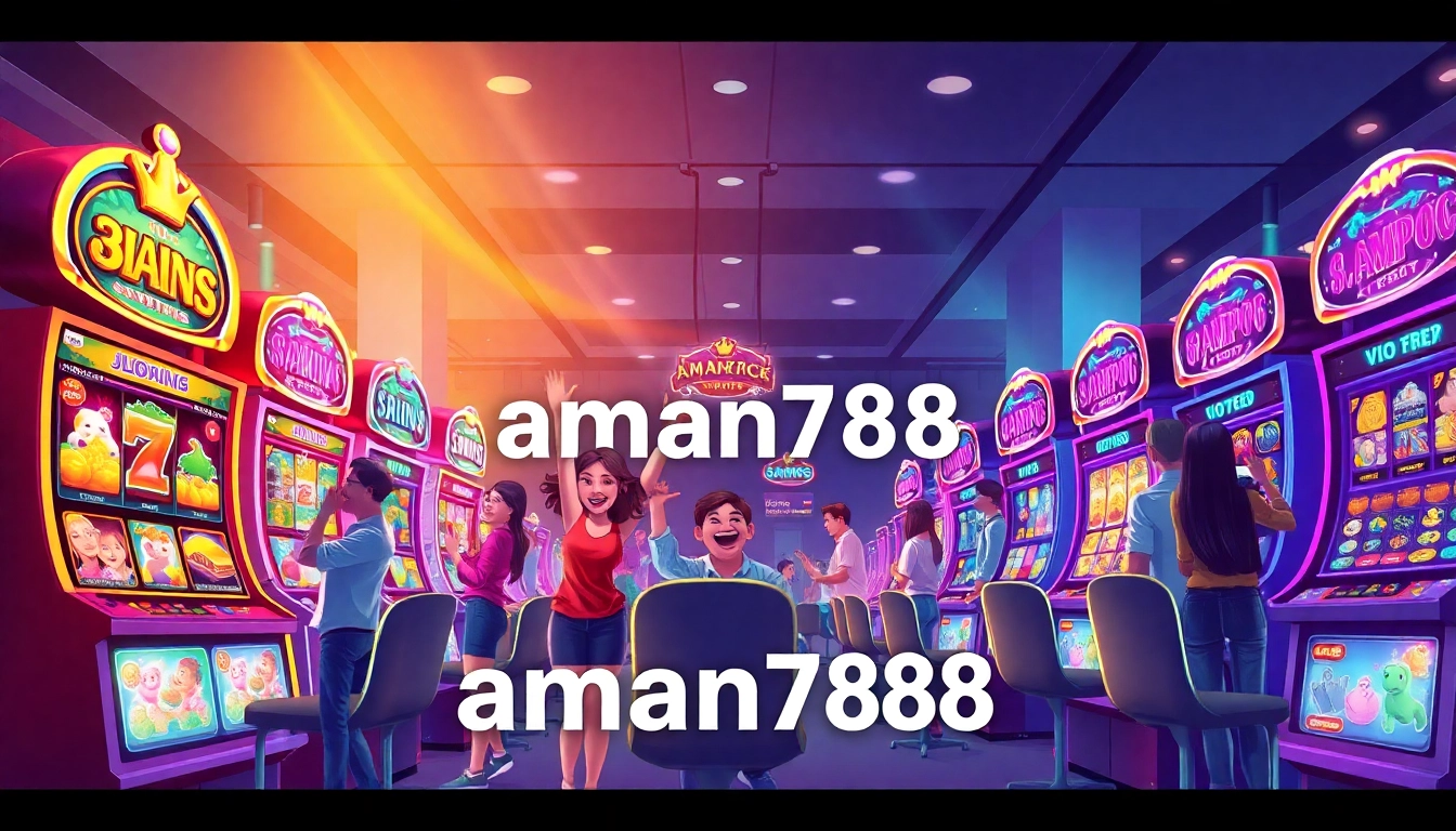Exciting scene of players celebrating wins at aman788 online gaming platform with colorful slot machines.