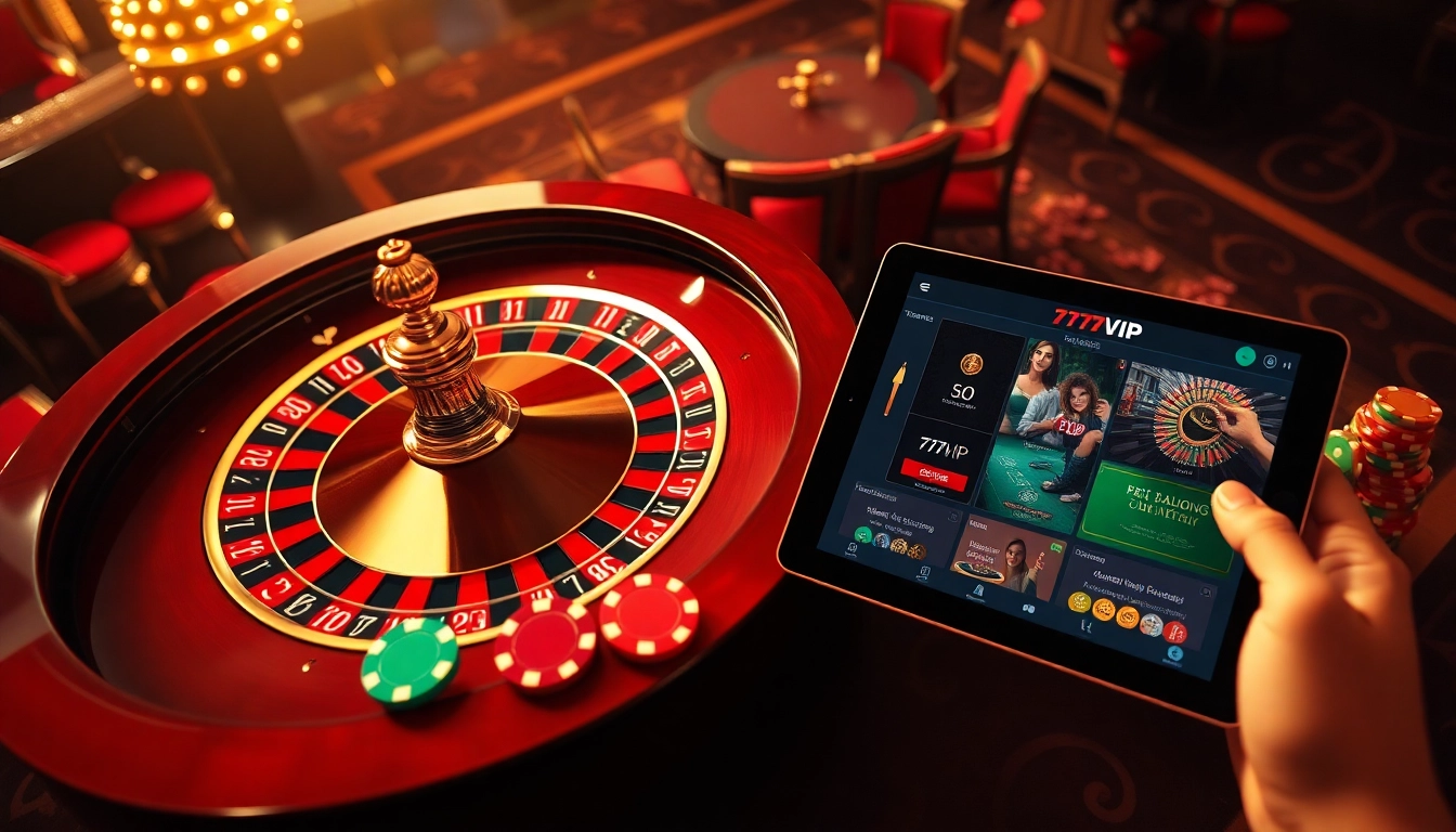 Engage with thrilling games at 777VIP's luxurious casino environment showcasing poker chips and roulette.