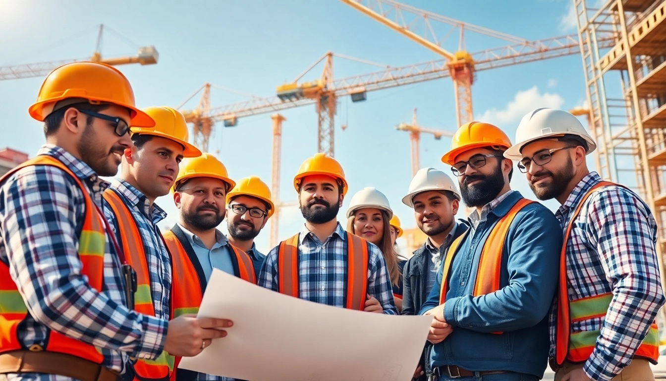 New York General Contractor team working on a construction site with cranes and blueprints.
