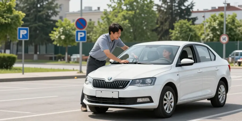 Școala auto din Chișinău, instructor și elev la volanul unei Skoda Fabia