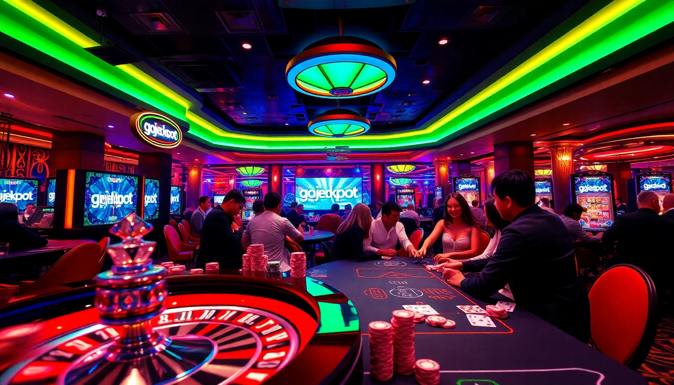 Experience thrilling moments at the casino with gojekpot, featuring poker chips and a roulette wheel.