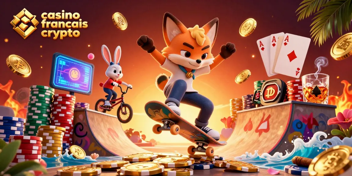 Une scène animée de casino français crypto avec un renard faisant du skateboard et un lapin BMX.