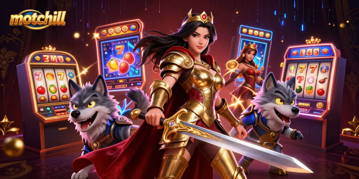 Engage with the motchill experience showcasing a warrior queen and glowing wolf amidst vibrant slot machines.