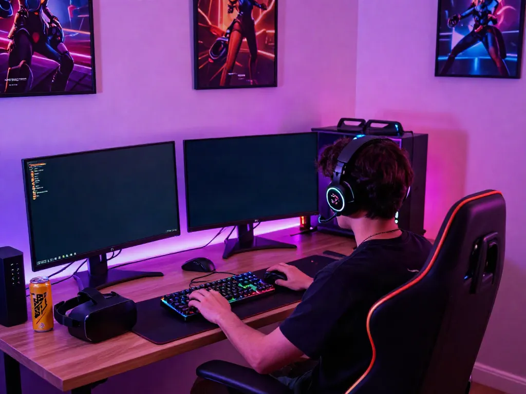 Engaging gaming room with a person playing ORION88 video game surrounded by monitors and RGB lights.