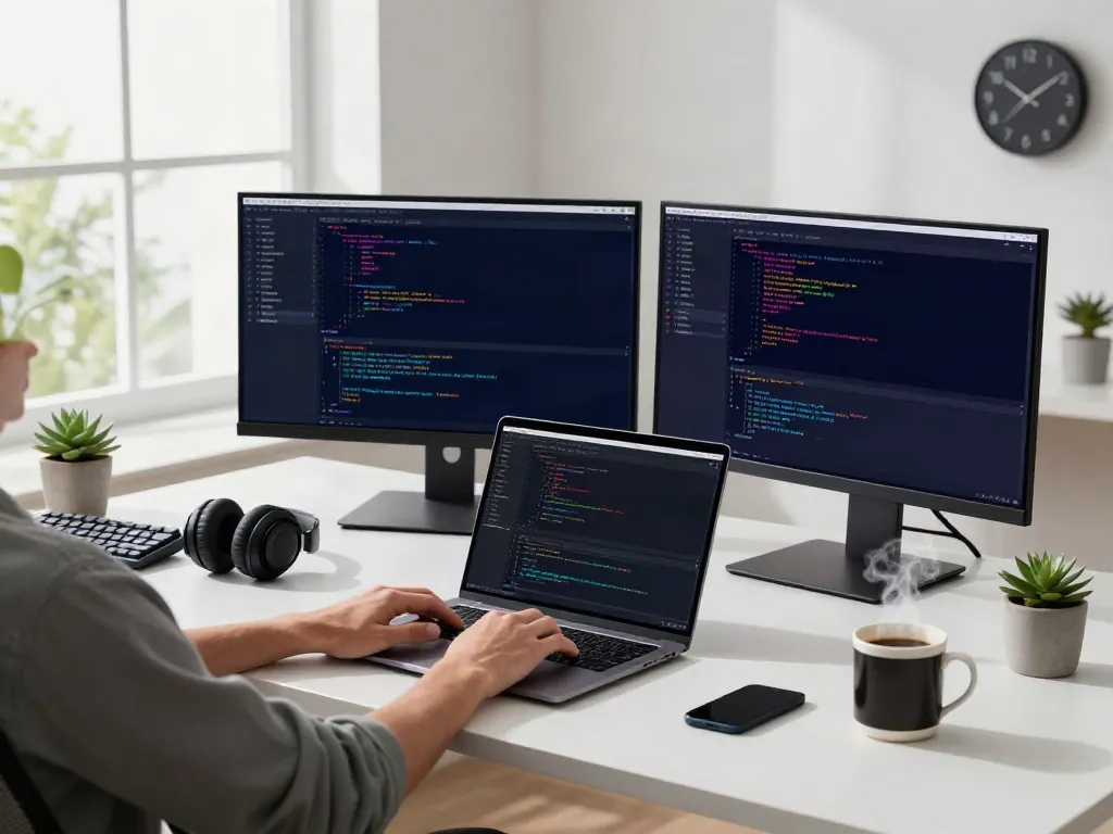 Developer coding on laptop in a modern workspace, highlighting brave浏览器 features.