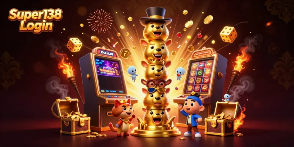 Experience the excitement of Super138 Login with a vibrant 3D casino illustration filled with energy.