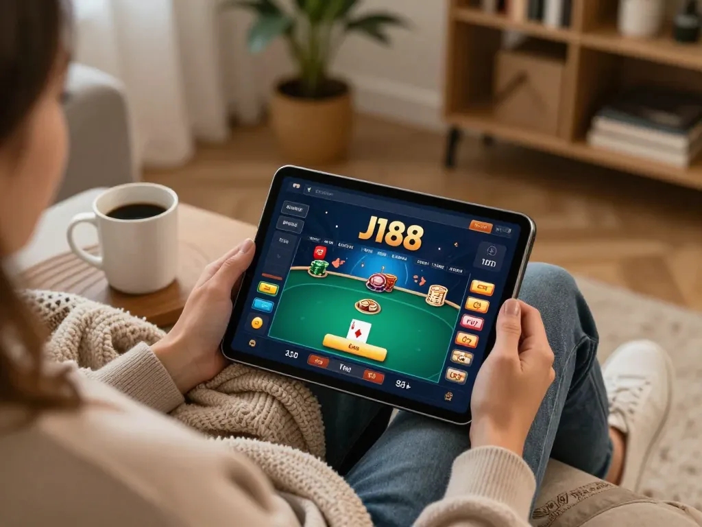 The J188 app interface shown on a tablet during an exciting online poker game session at home.
