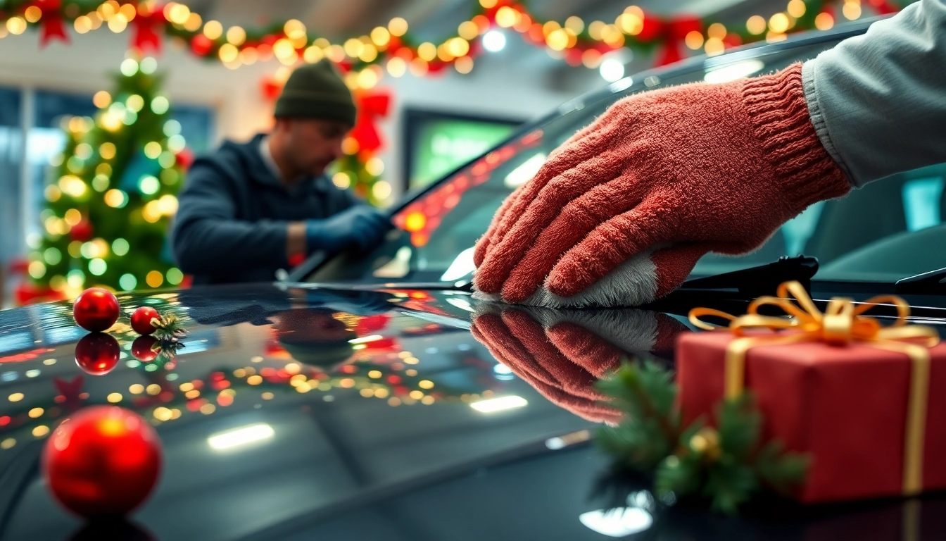 A festive Christmas car detailing gift presented with a gleaming vehicle and holiday decorations.