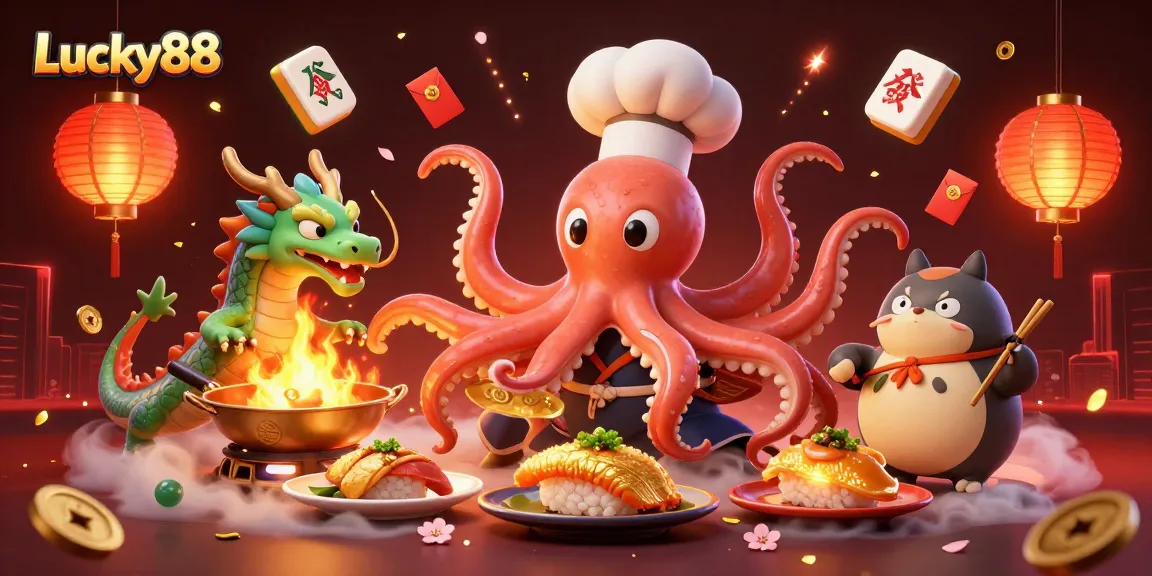 Engage with Lucky88's vibrant casino experience featuring an octopus chef and dragon amidst festive elements.