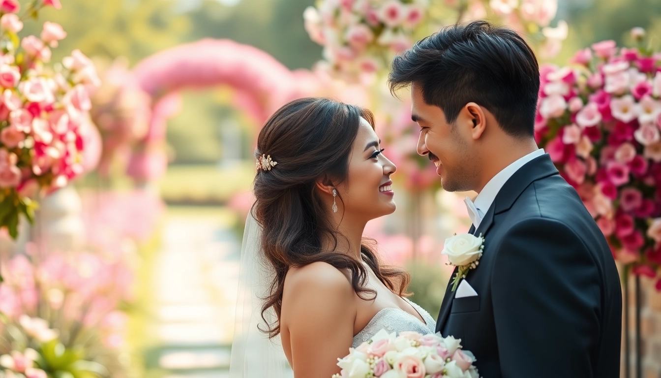 Wedding photographer capturing an intimate moment between a couple in a garden setting.