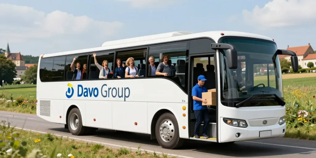 Livrare colete Moldova Europa cu autobuz modern ce transportă pasageri și colete prin peisaje europene.