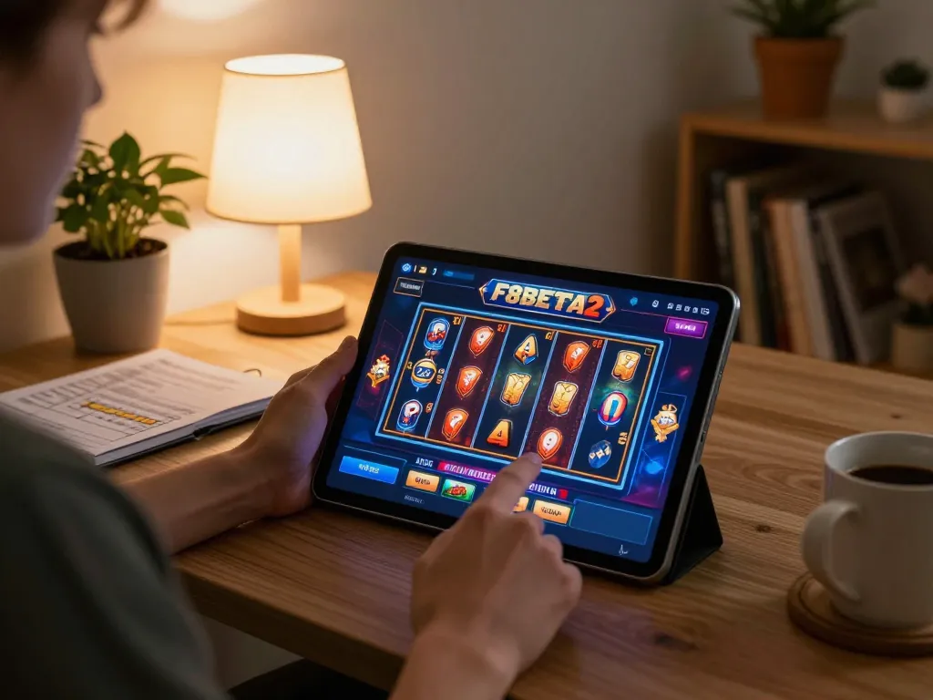 Engaging in online gaming with F8BETA2, a player studies strategy while enjoying a cozy home atmosphere.