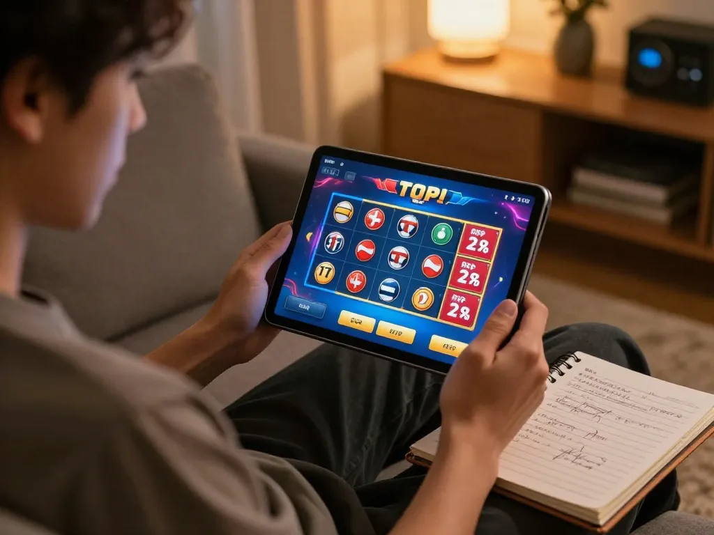 Engaging in online toto gaming while analyzing RTP live data on a cozy tablet.
