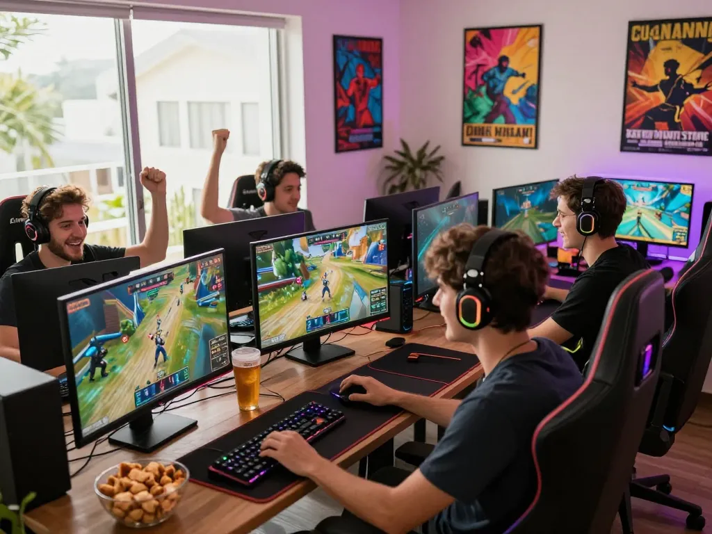 Excited players celebrating a win on Autowin88 in a stylish gaming setup.