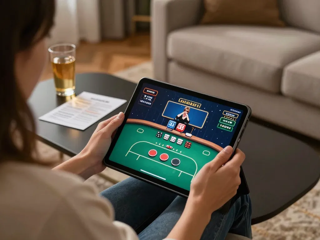 Engaging in online poker on a tablet while relaxing at home with BK8 app displayed.