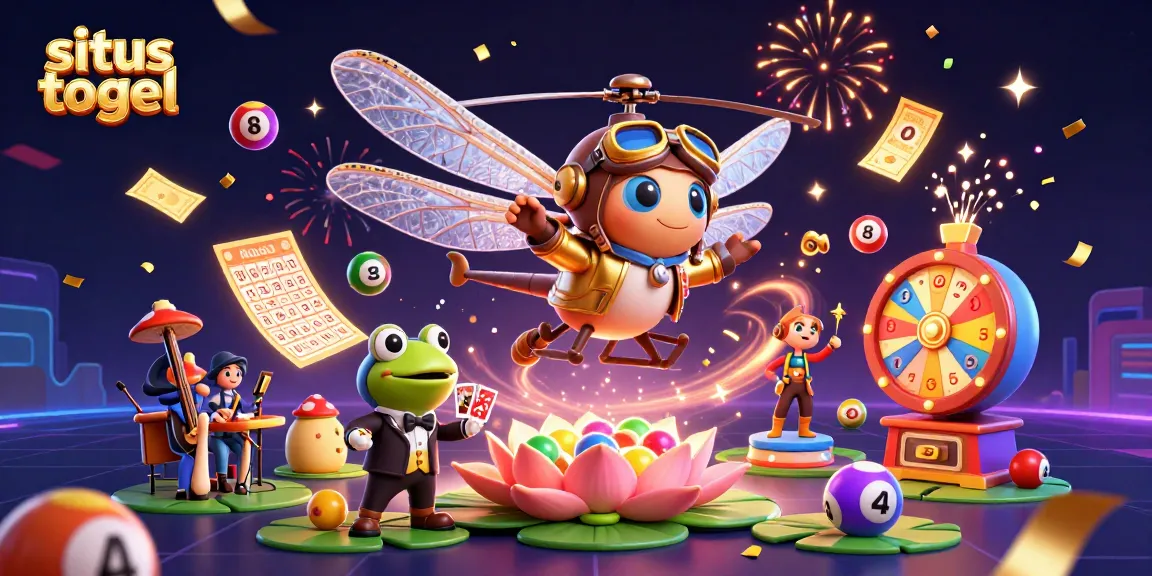Experience thrilling moments at situs togel with vibrant lottery balls, frog croupier, and energetic dragonfly pilot.