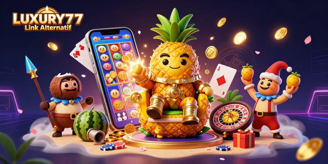 Menangkan dengan LUXURY777 Link Alternatif dalam ilustrasi kasino penuh aksi dengan karakter unik.