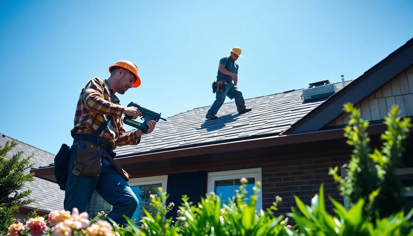 Roof repair team diligently working on a residential property, highlighting collaboration and craftsmanship.