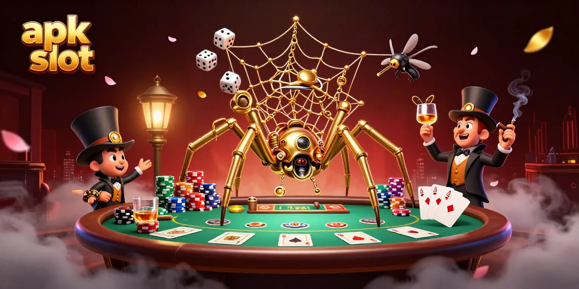 Experience thrilling apk slot action with a steampunk spider and poker-themed elements in this dynamic illustration